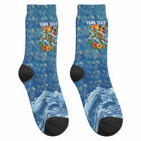 Personalized Hawaii 60th Birthday Sea Turtle Crew Socks Tropical Ocean Wave Floral Surfboard