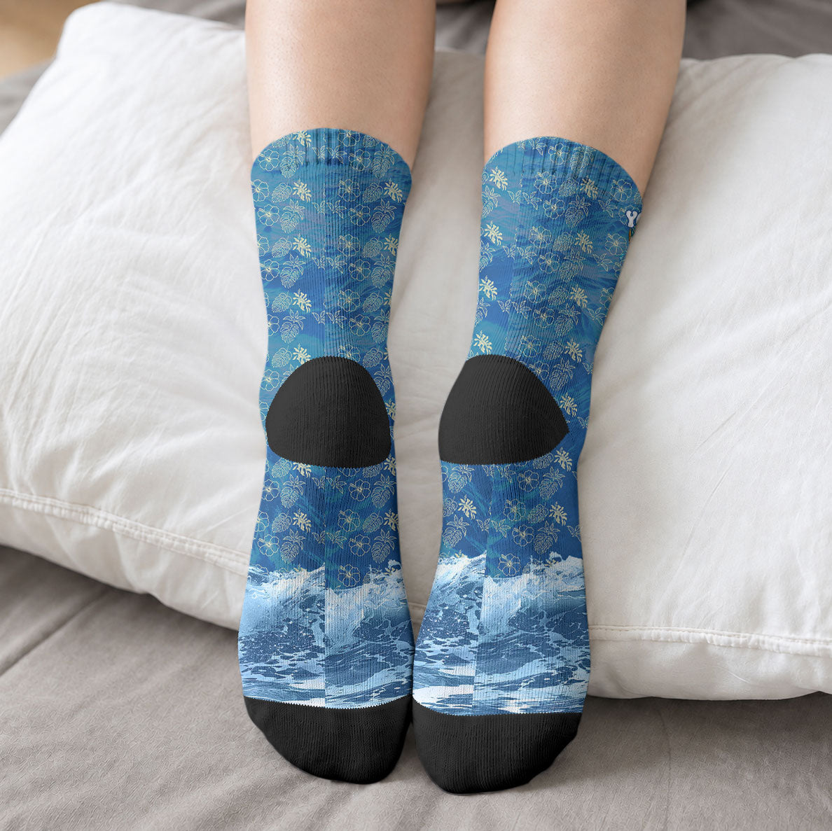 Personalized Hawaii 60th Birthday Sea Turtle Crew Socks Tropical Ocean Wave Floral Surfboard