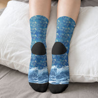 Personalized Hawaii 60th Birthday Sea Turtle Crew Socks Tropical Ocean Wave Floral Surfboard