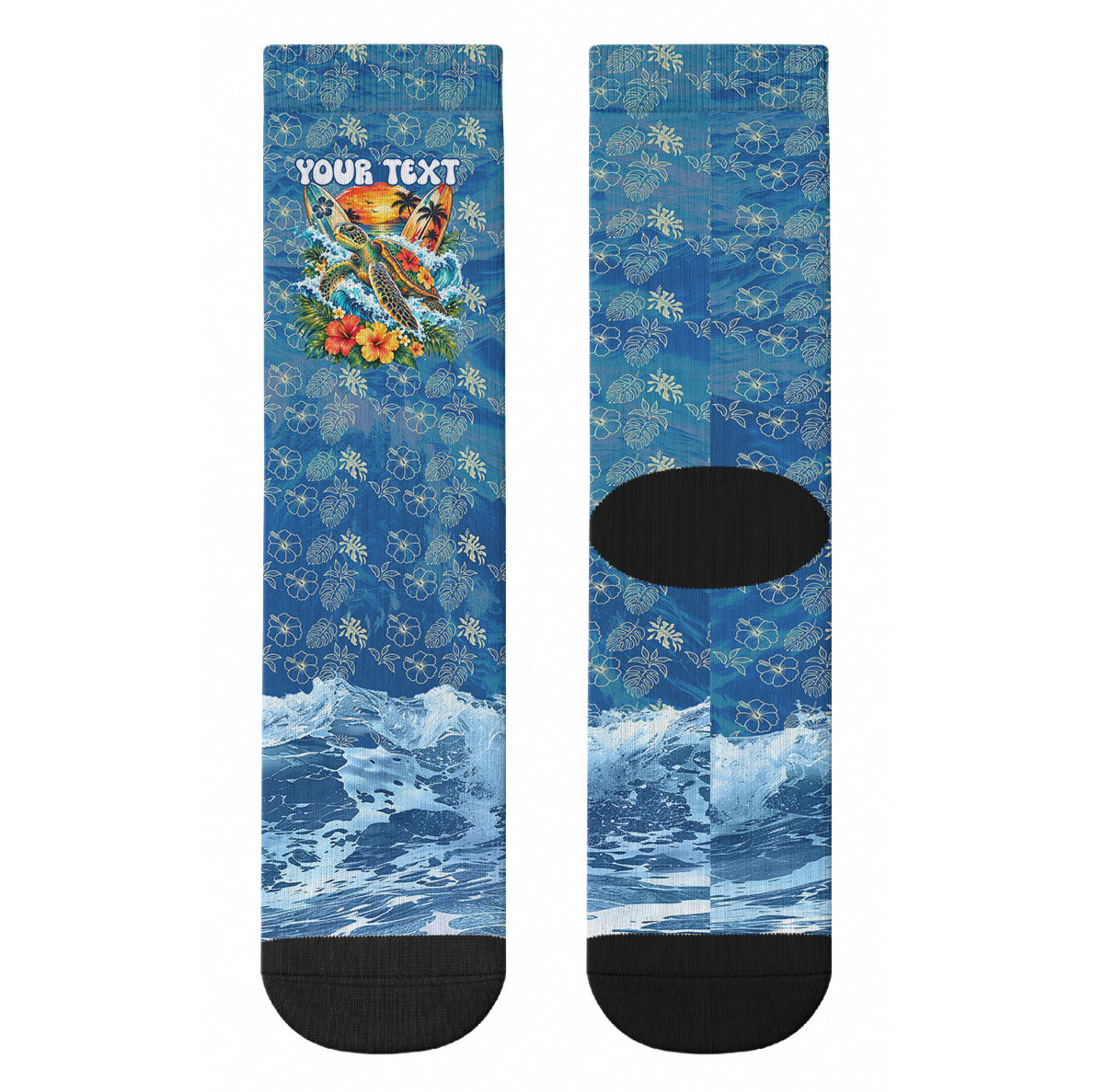 Personalized Hawaii 60th Birthday Sea Turtle Crew Socks Tropical Ocean Wave Floral Surfboard