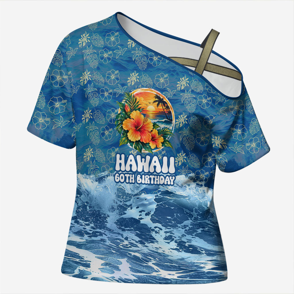 Personalized Hawaii 60th Birthday Sea Turtle Cross Shoulder Shirt Tropical Ocean Wave Floral Surfboard