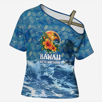 Personalized Hawaii 60th Birthday Sea Turtle Cross Shoulder Shirt Tropical Ocean Wave Floral Surfboard TS04 Female Blue Yellow - Polynesian Pride