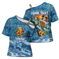 Personalized Hawaii 60th Birthday Sea Turtle Cross Shoulder Shirt Tropical Ocean Wave Floral Surfboard TS04 - Polynesian Pride