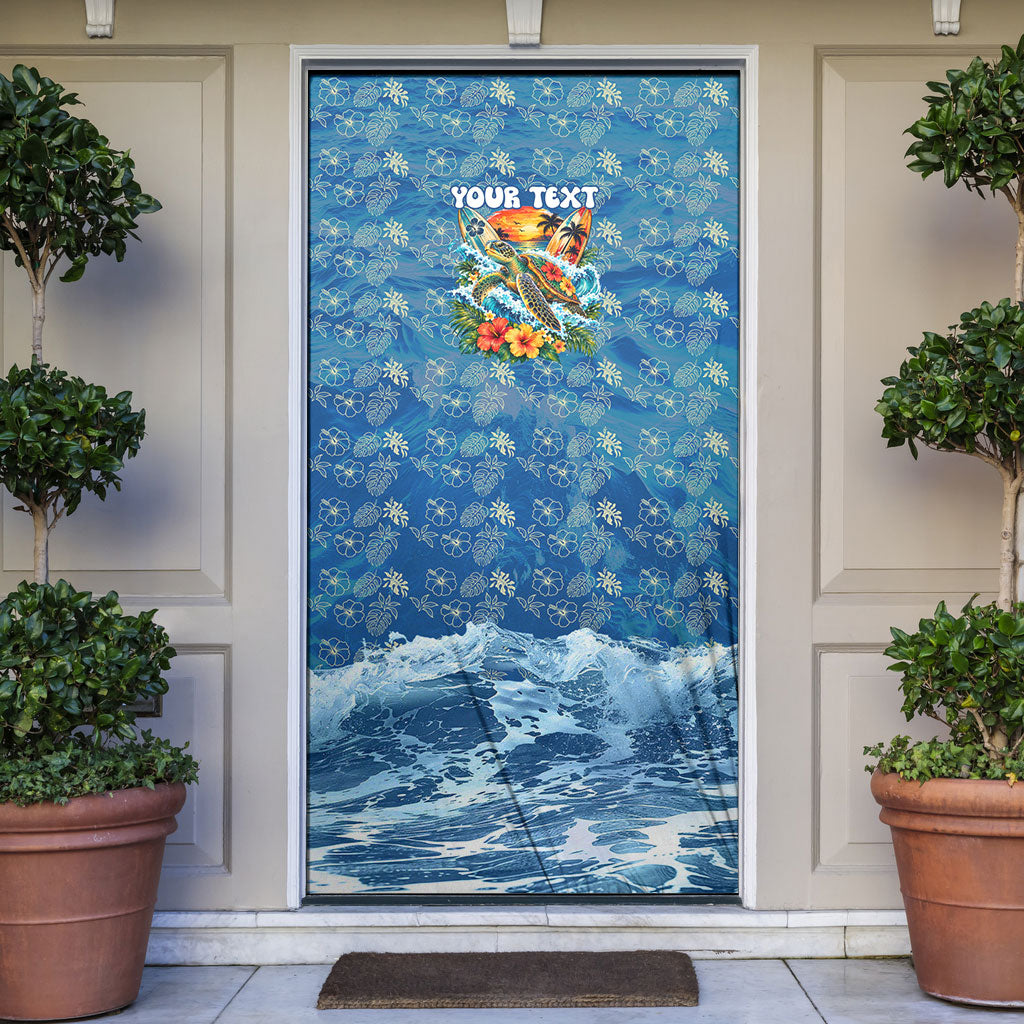 Personalized Hawaii 60th Birthday Sea Turtle Door Cover Tropical Ocean Wave Floral Surfboard TS04 Blue Yellow - Polynesian Pride