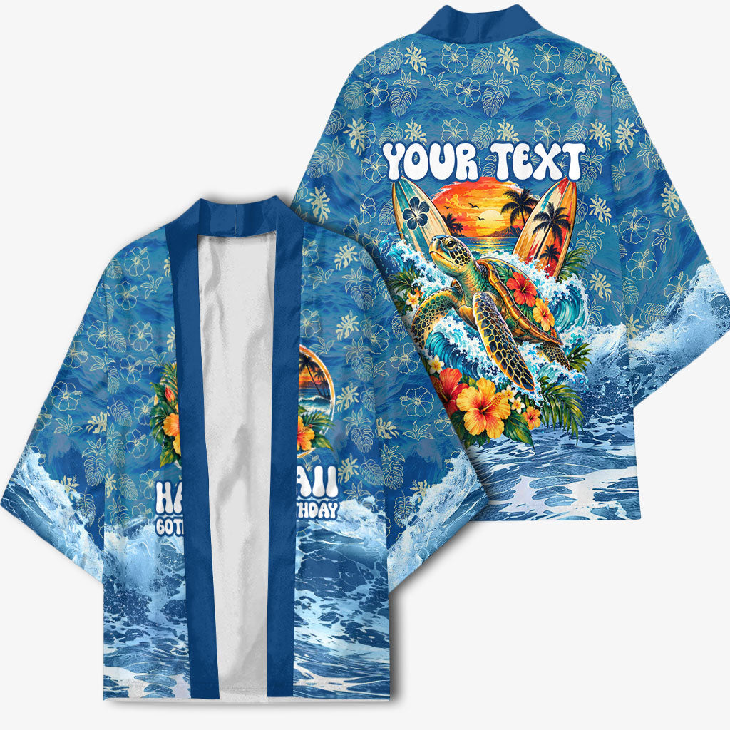 Personalized Hawaii 60th Birthday Sea Turtle Kimono Tropical Ocean Wave Floral Surfboard