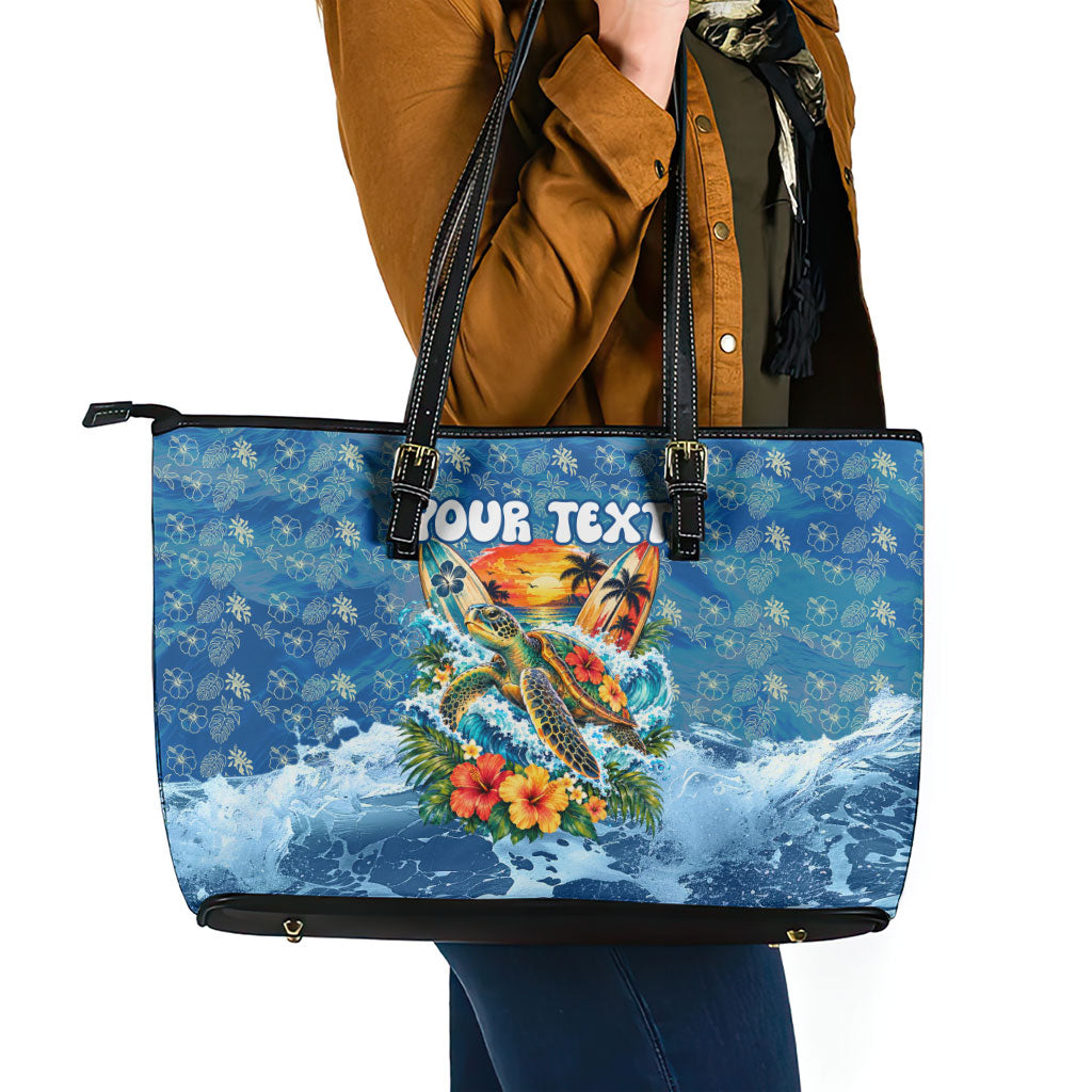Personalized Hawaii 60th Birthday Sea Turtle Leather Tote Bag Tropical Ocean Wave Floral Surfboard TS04 - Polynesian Pride