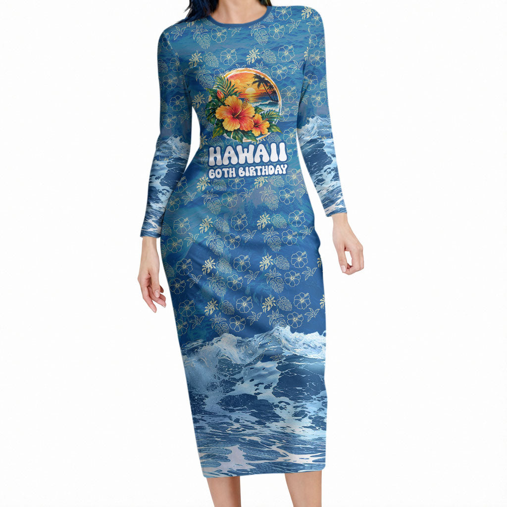 Personalized Hawaii 60th Birthday Sea Turtle Long Sleeve Bodycon Dress Tropical Ocean Wave Floral Surfboard