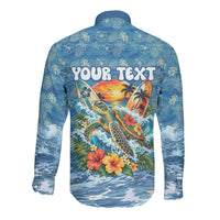 Personalized Hawaii 60th Birthday Sea Turtle Long Sleeve Button Shirt Tropical Ocean Wave Floral Surfboard TS04 - Polynesian Pride