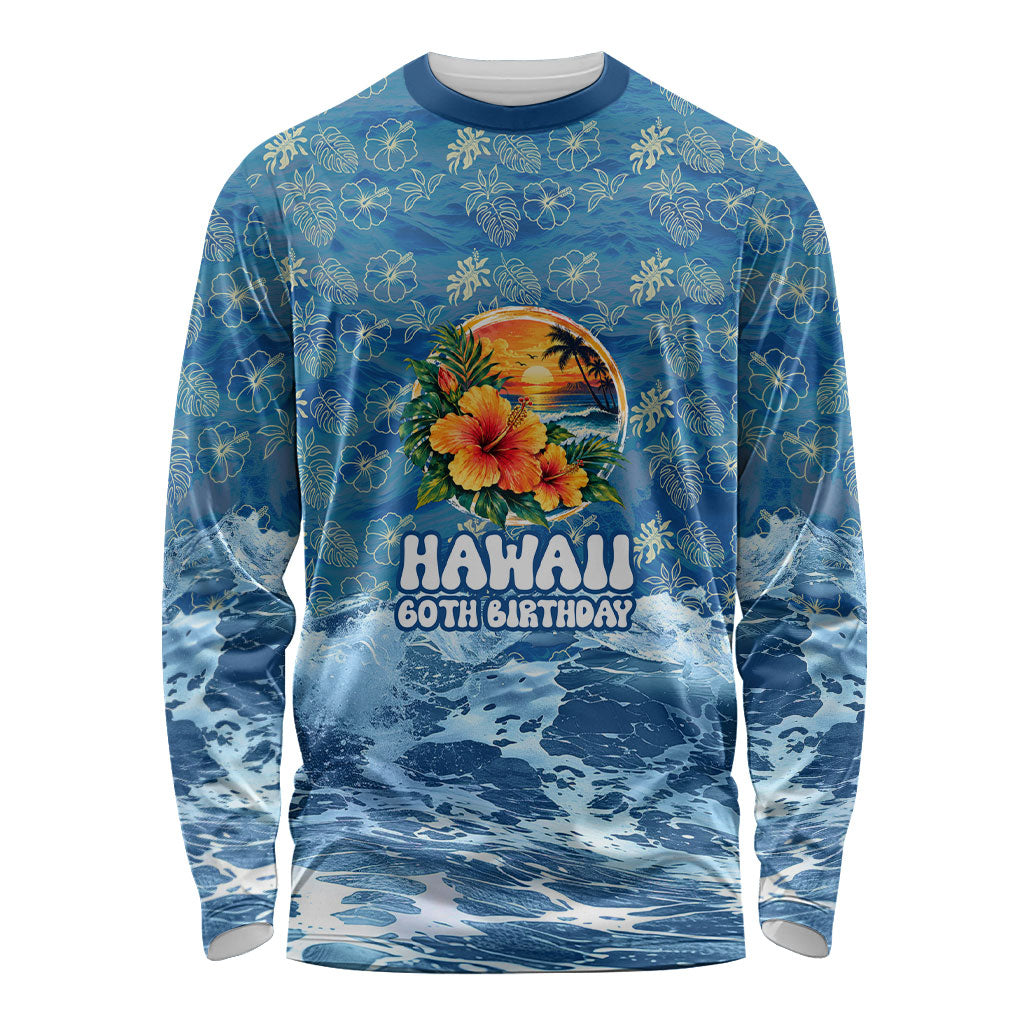 Personalized Hawaii 60th Birthday Sea Turtle Long Sleeve Shirt Tropical Ocean Wave Floral Surfboard TS04 Unisex Blue Yellow - Polynesian Pride