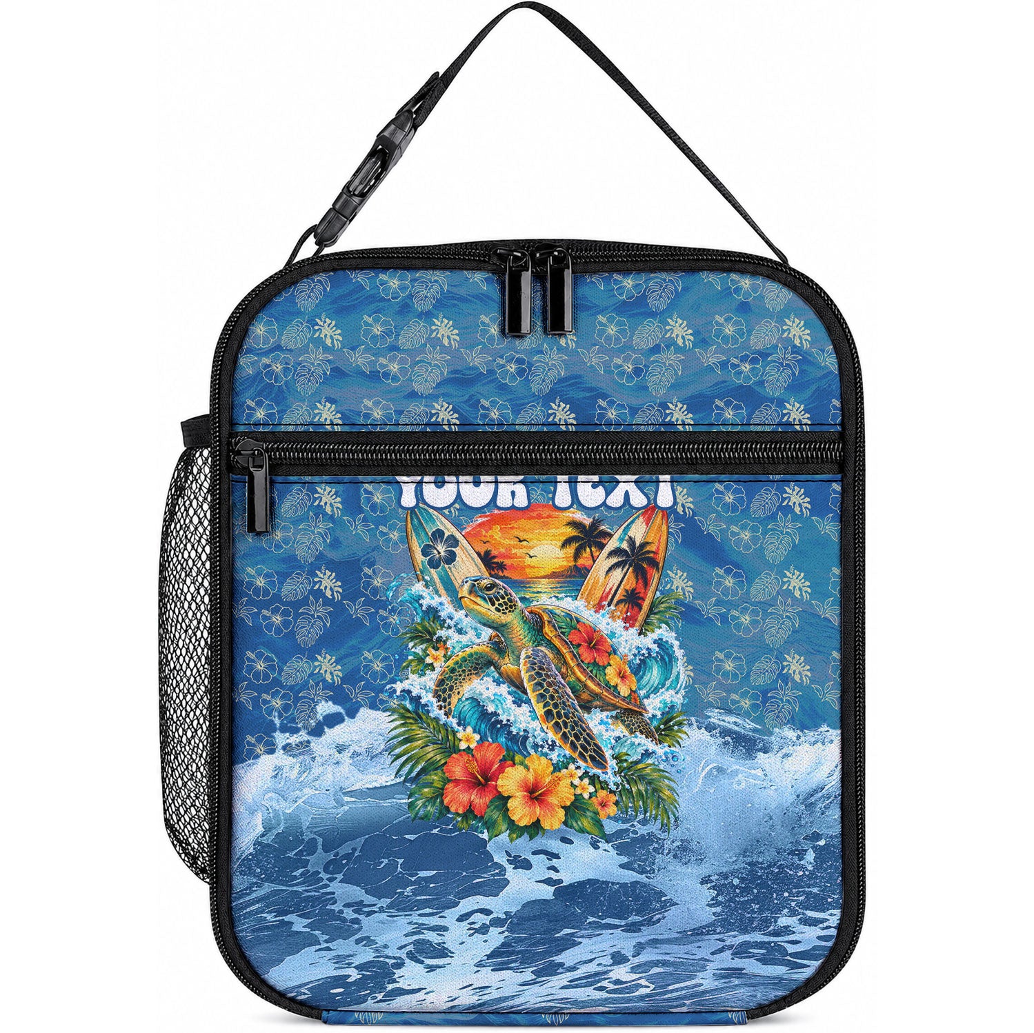 Personalized Hawaii 60th Birthday Sea Turtle Lunch Bag Tropical Ocean Wave Floral Surfboard TS04 10.2 × 8.3 × 4.3 inch Blue Yellow - Polynesian Pride