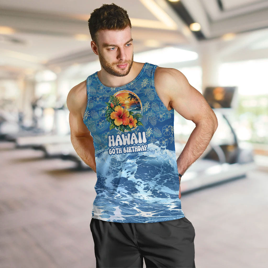 Personalized Hawaii 60th Birthday Sea Turtle Men Tank Top Tropical Ocean Wave Floral Surfboard TS04 Blue Yellow - Polynesian Pride