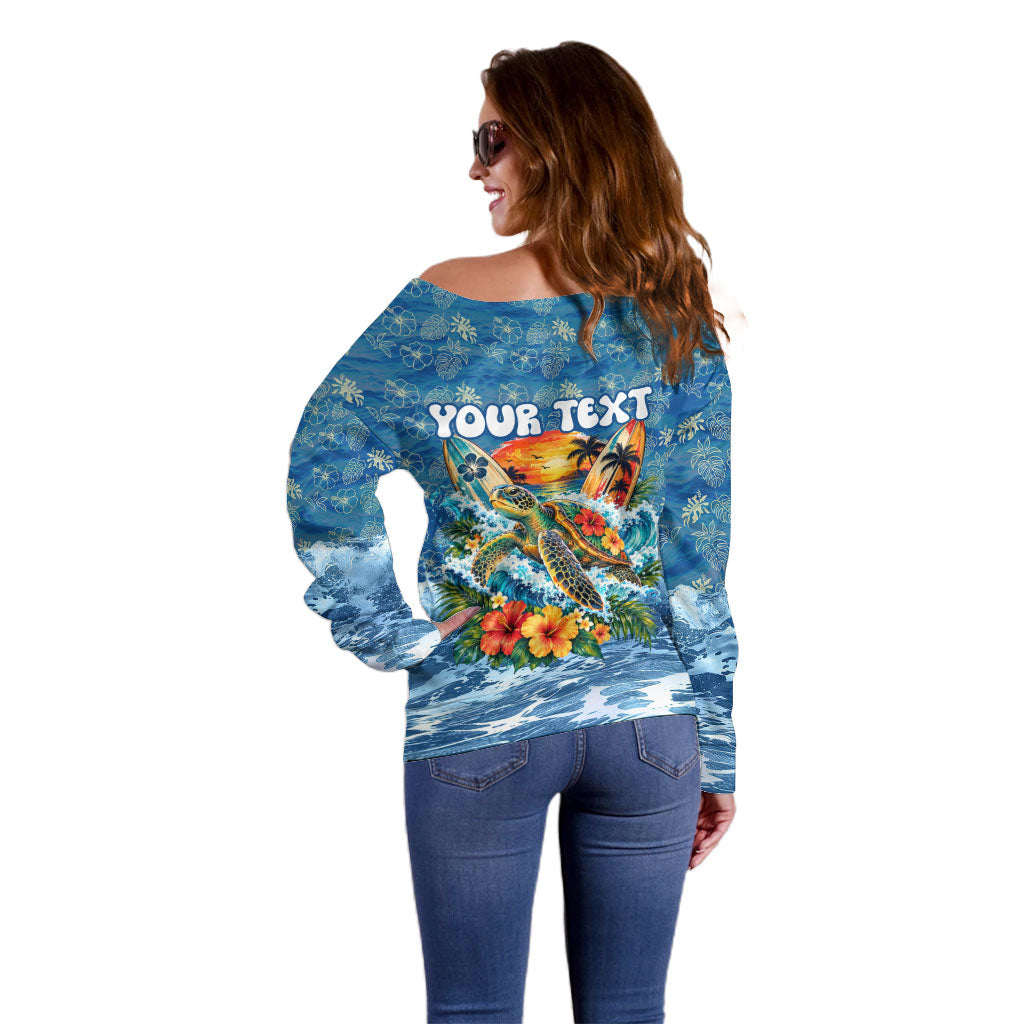 Personalized Hawaii 60th Birthday Sea Turtle Off Shoulder Sweater Tropical Ocean Wave Floral Surfboard TS04 - Polynesian Pride