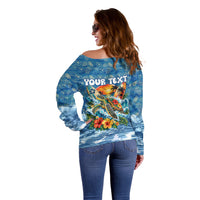 Personalized Hawaii 60th Birthday Sea Turtle Off Shoulder Sweater Tropical Ocean Wave Floral Surfboard TS04 - Polynesian Pride