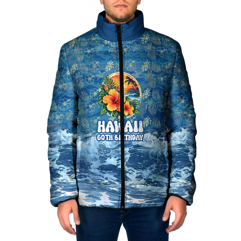 Personalized Hawaii 60th Birthday Sea Turtle Padded Jacket Tropical Ocean Wave Floral Surfboard