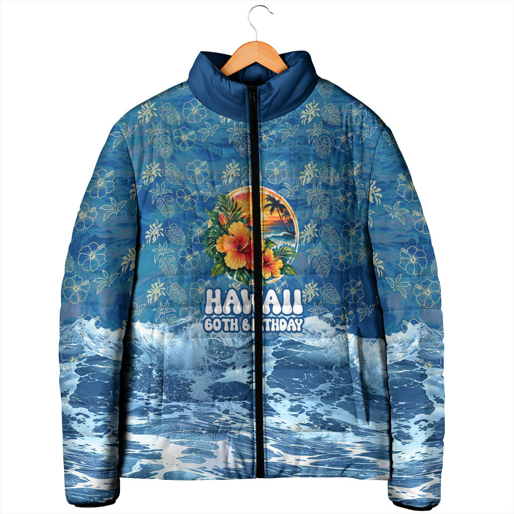 Personalized Hawaii 60th Birthday Sea Turtle Padded Jacket Tropical Ocean Wave Floral Surfboard