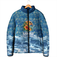 Personalized Hawaii 60th Birthday Sea Turtle Padded Jacket Tropical Ocean Wave Floral Surfboard