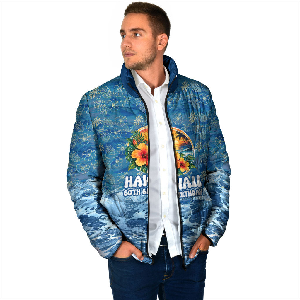 Personalized Hawaii 60th Birthday Sea Turtle Padded Jacket Tropical Ocean Wave Floral Surfboard