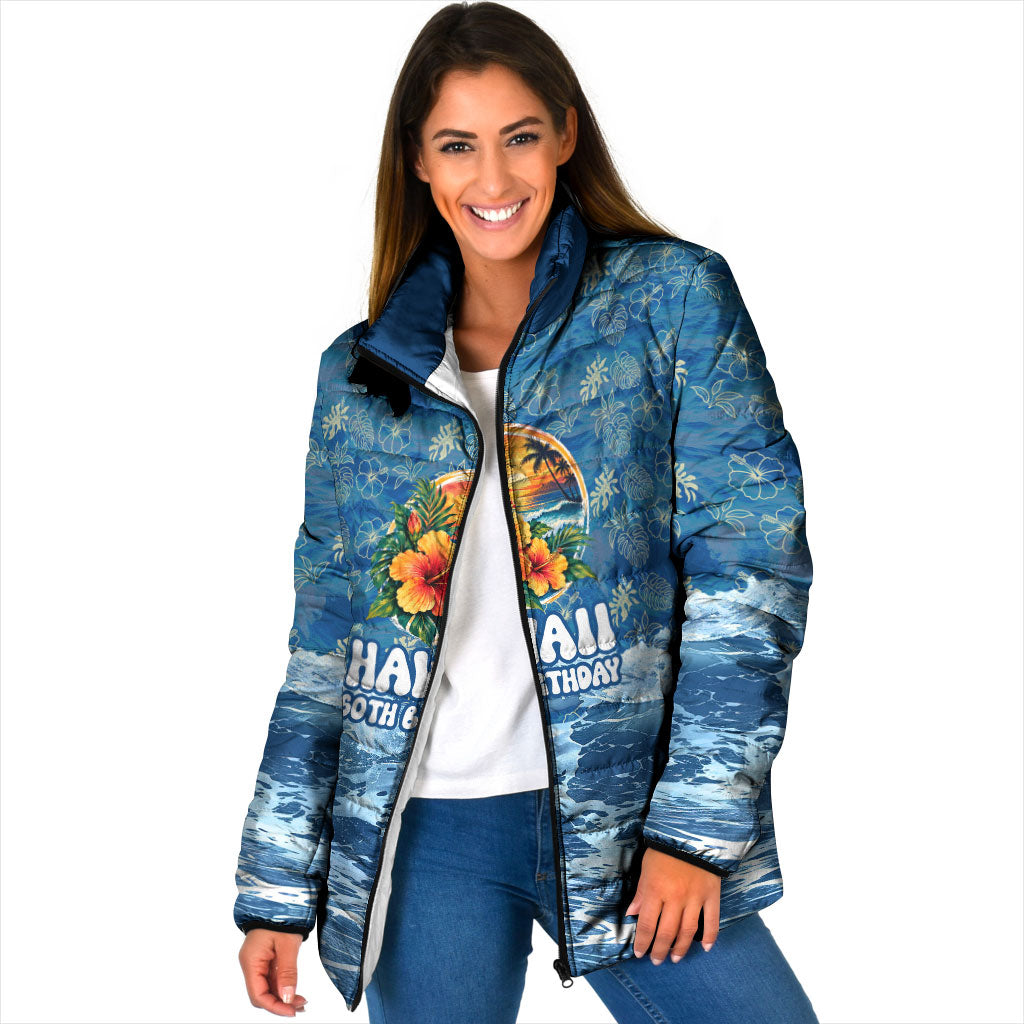 Personalized Hawaii 60th Birthday Sea Turtle Padded Jacket Tropical Ocean Wave Floral Surfboard