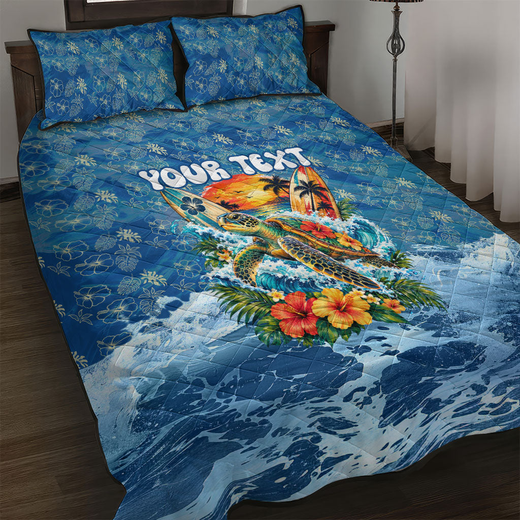 Personalized Hawaii 60th Birthday Sea Turtle Quilt Bed Set Tropical Ocean Wave Floral Surfboard TS04 Blue Yellow - Polynesian Pride