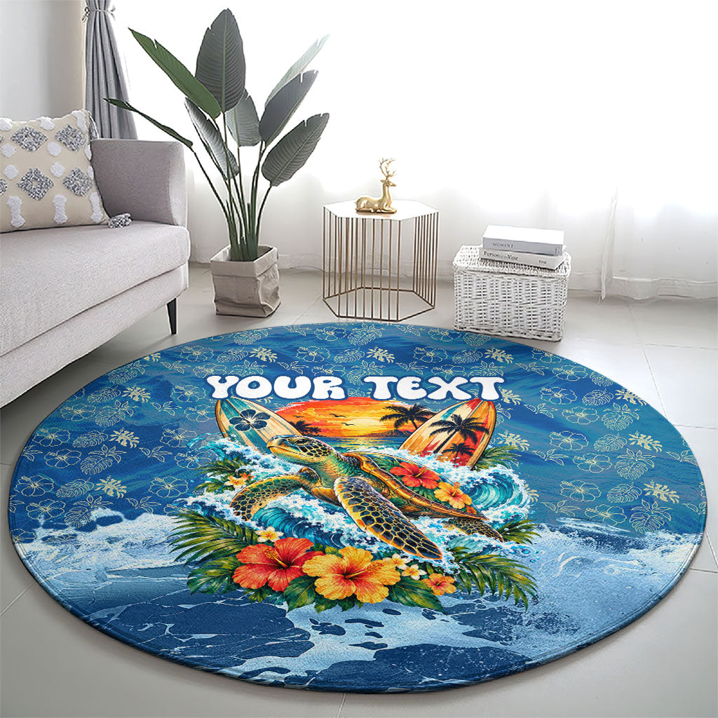 Personalized Hawaii 60th Birthday Sea Turtle Round Carpet Tropical Ocean Wave Floral Surfboard TS04 - Polynesian Pride