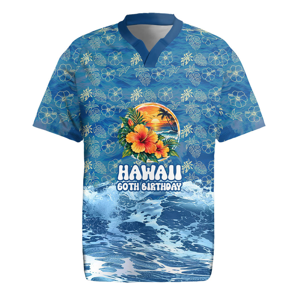 Personalized Hawaii 60th Birthday Sea Turtle Rugby Jersey Tropical Ocean Wave Floral Surfboard