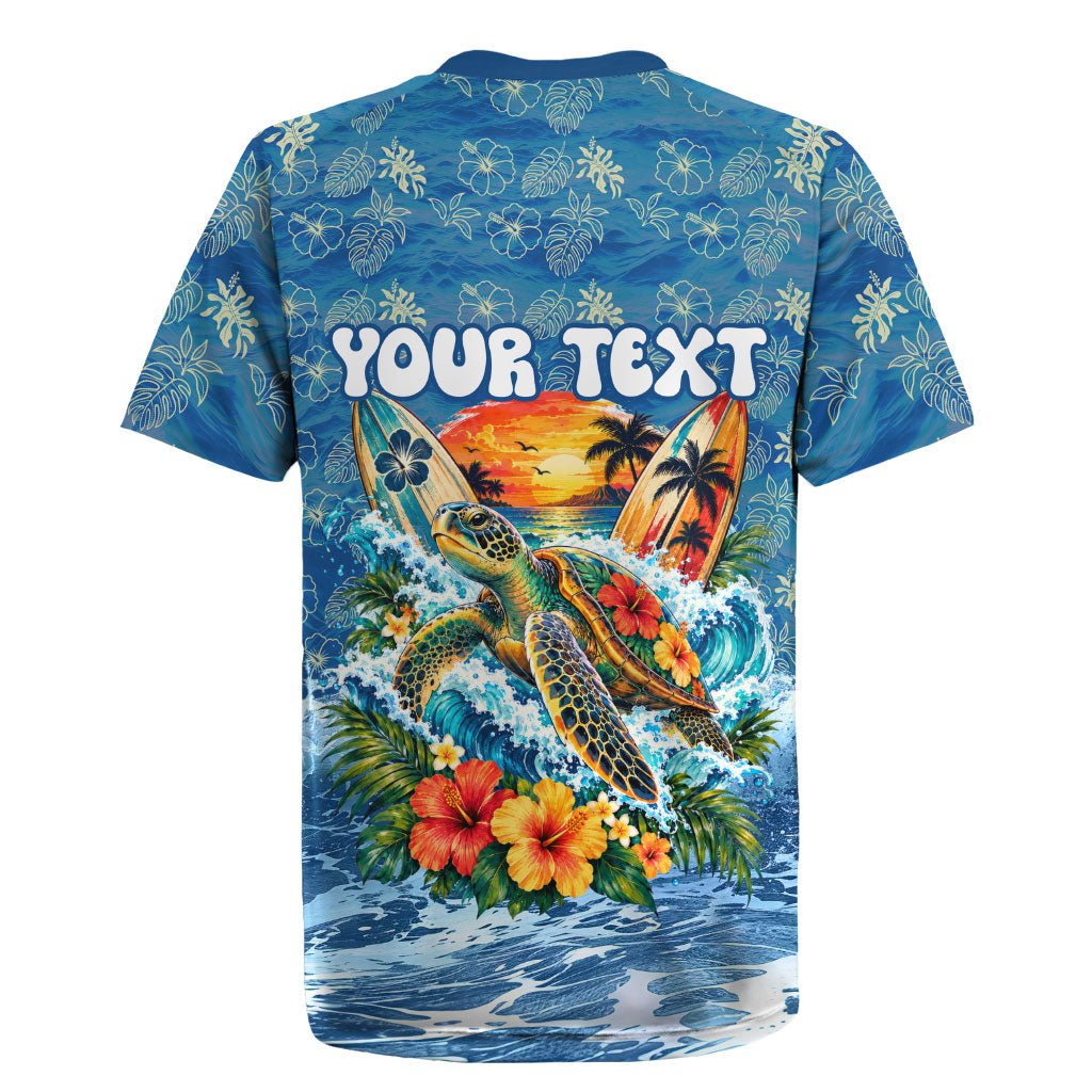 Personalized Hawaii 60th Birthday Sea Turtle Rugby Jersey Tropical Ocean Wave Floral Surfboard