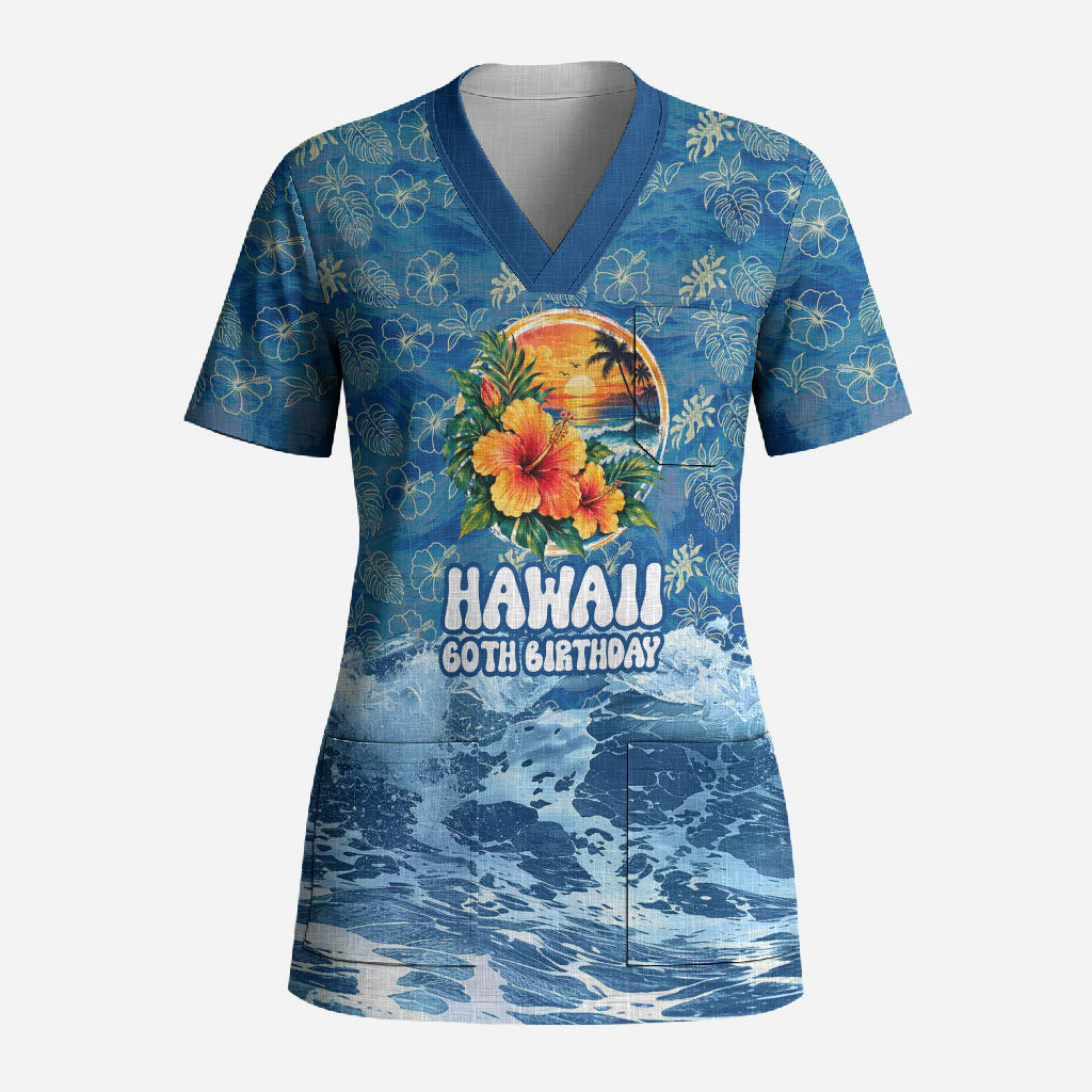 Personalized Hawaii 60th Birthday Sea Turtle Scrub Top Tropical Ocean Wave Floral Surfboard