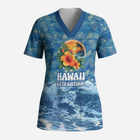Personalized Hawaii 60th Birthday Sea Turtle Scrub Top Tropical Ocean Wave Floral Surfboard