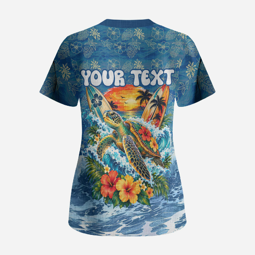 Personalized Hawaii 60th Birthday Sea Turtle Scrub Top Tropical Ocean Wave Floral Surfboard