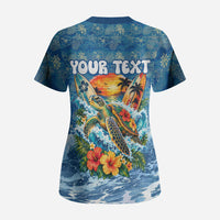 Personalized Hawaii 60th Birthday Sea Turtle Scrub Top Tropical Ocean Wave Floral Surfboard