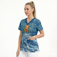 Personalized Hawaii 60th Birthday Sea Turtle Scrub Top Tropical Ocean Wave Floral Surfboard