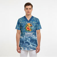 Personalized Hawaii 60th Birthday Sea Turtle Scrub Top Tropical Ocean Wave Floral Surfboard
