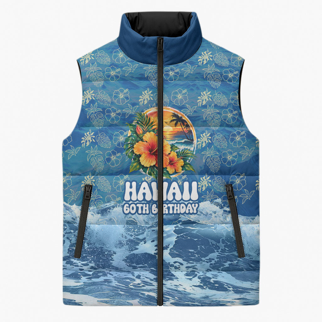 Personalized Hawaii 60th Birthday Sea Turtle Sleeveless Puffer Jacket Tropical Ocean Wave Floral Surfboard TS04 Unisex Blue Yellow - Polynesian Pride
