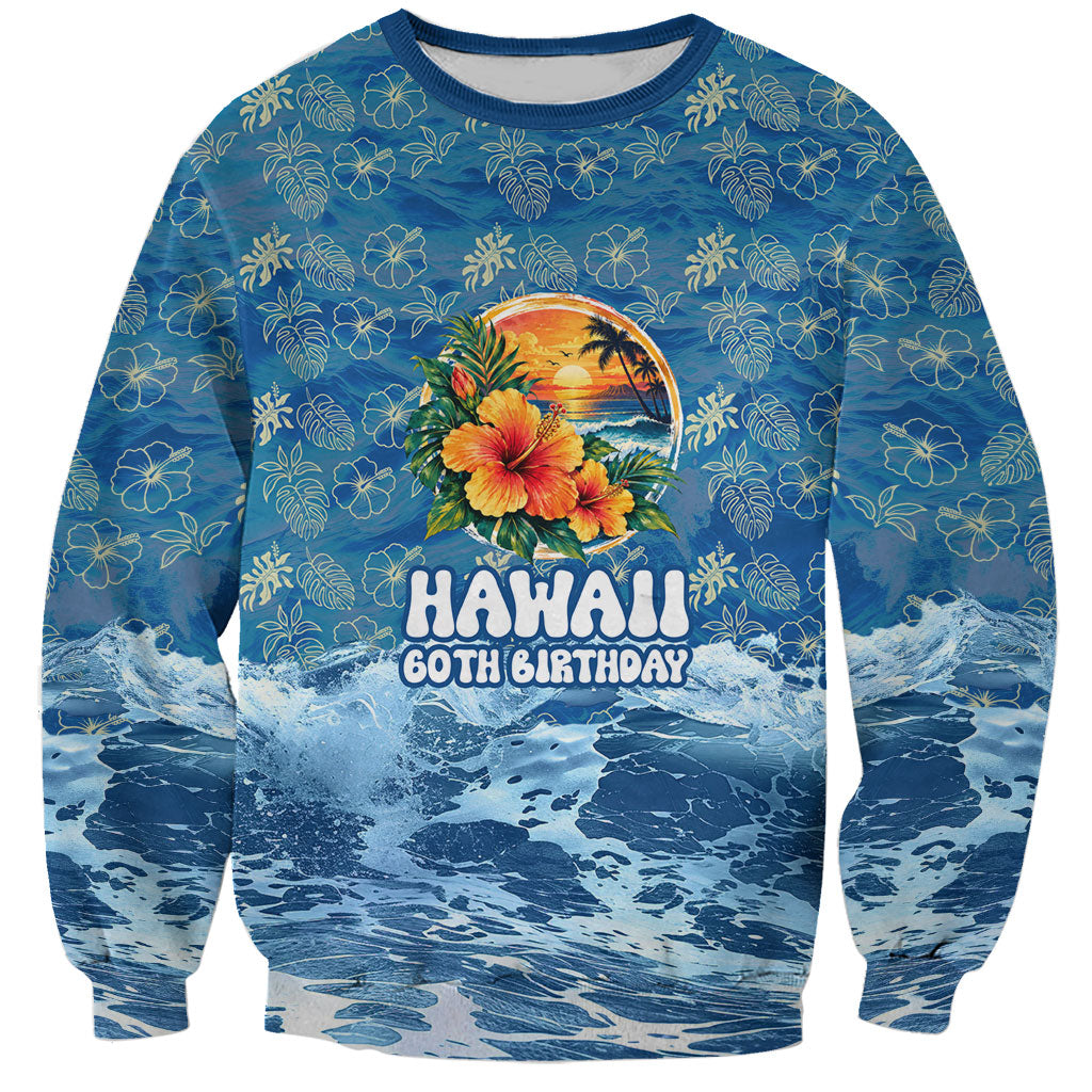 Personalized Hawaii 60th Birthday Sea Turtle Sweatshirt Tropical Ocean Wave Floral Surfboard TS04 Unisex Blue Yellow - Polynesian Pride