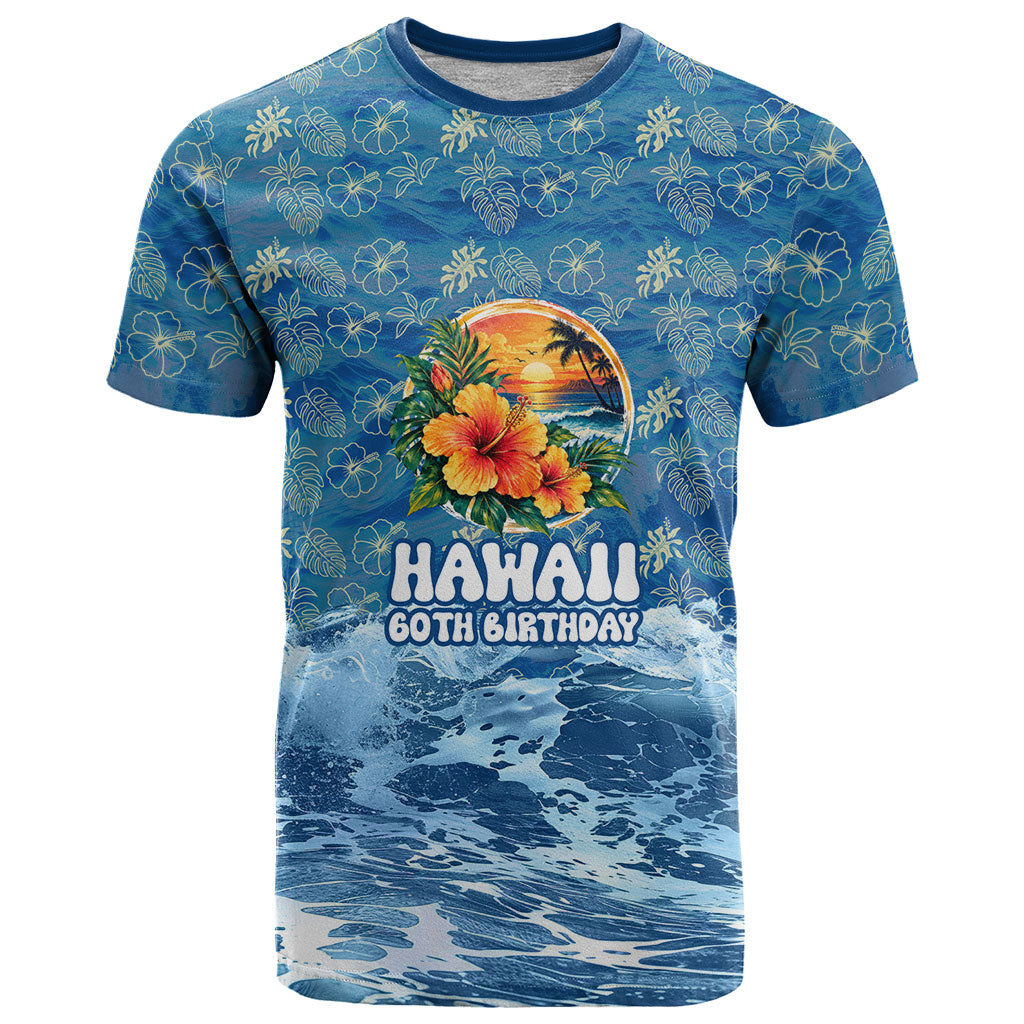Personalized Hawaii 60th Birthday Sea Turtle T Shirt Tropical Ocean Wave Floral Surfboard TS04 Blue Yellow - Polynesian Pride