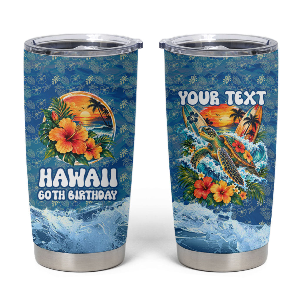 Personalized Hawaii 60th Birthday Sea Turtle Tumbler Cup Tropical Ocean Wave Floral Surfboard TS04 Blue Yellow - Polynesian Pride