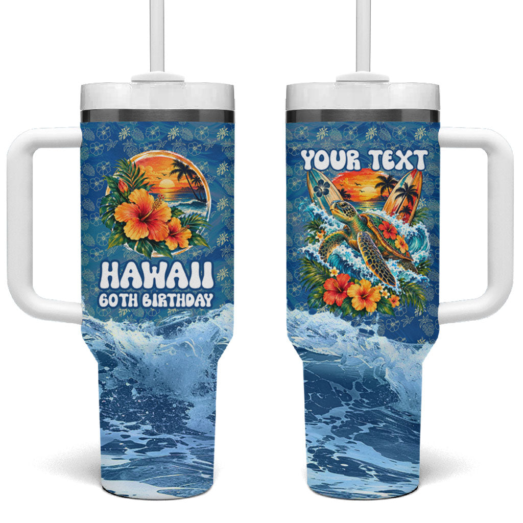 Personalized Hawaii 60th Birthday Sea Turtle Tumbler With Handle Tropical Ocean Wave Floral Surfboard