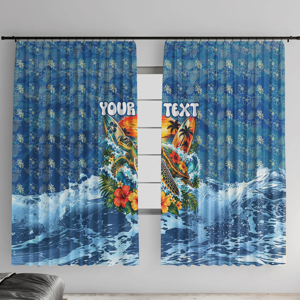 Personalized Hawaii 60th Birthday Sea Turtle Window Curtain Tropical Ocean Wave Floral Surfboard TS04 With Hooks Blue Yellow - Polynesian Pride