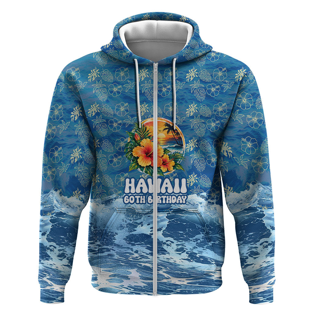 Personalized Hawaii 60th Birthday Sea Turtle Zip Hoodie Tropical Ocean Wave Floral Surfboard TS04 Zip Hoodie Blue Yellow - Polynesian Pride