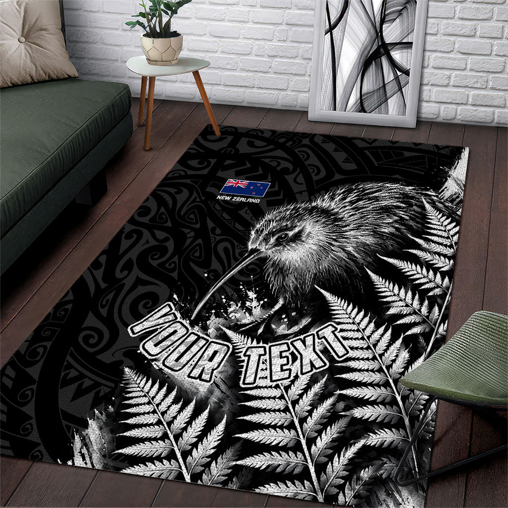 Personalized New Zealand Kiwi Bird Area Rug Grunge Maori Tribal Pattern Silver Fern