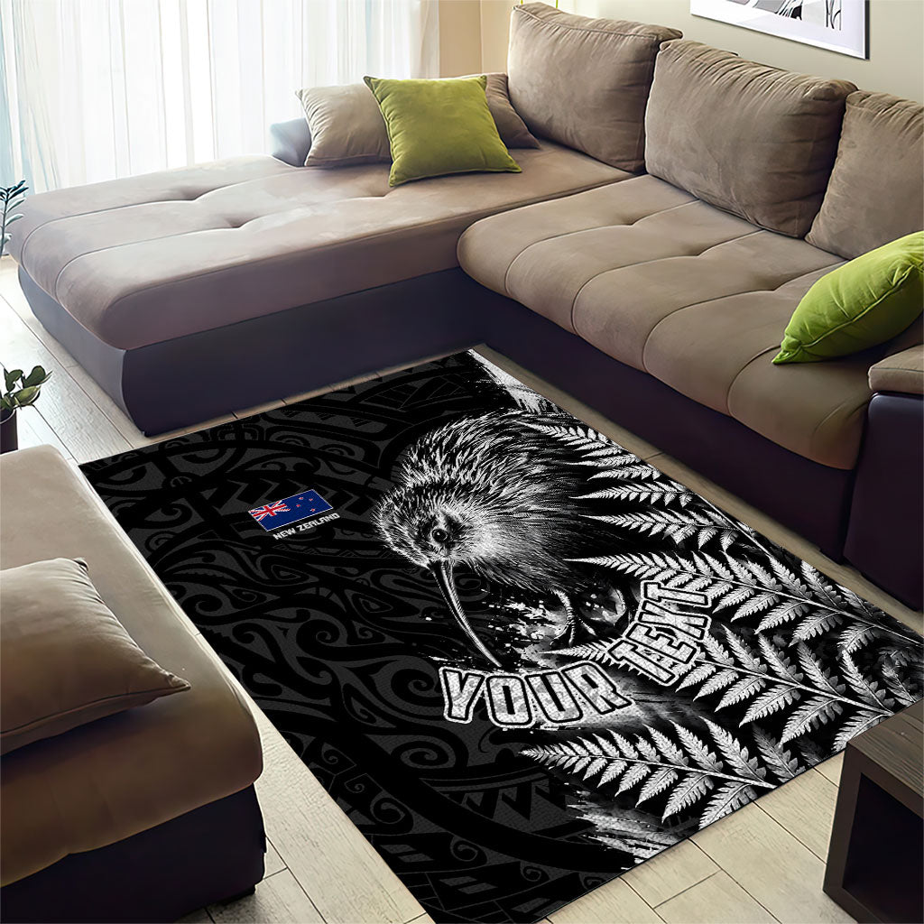 Personalized New Zealand Kiwi Bird Area Rug Grunge Maori Tribal Pattern Silver Fern
