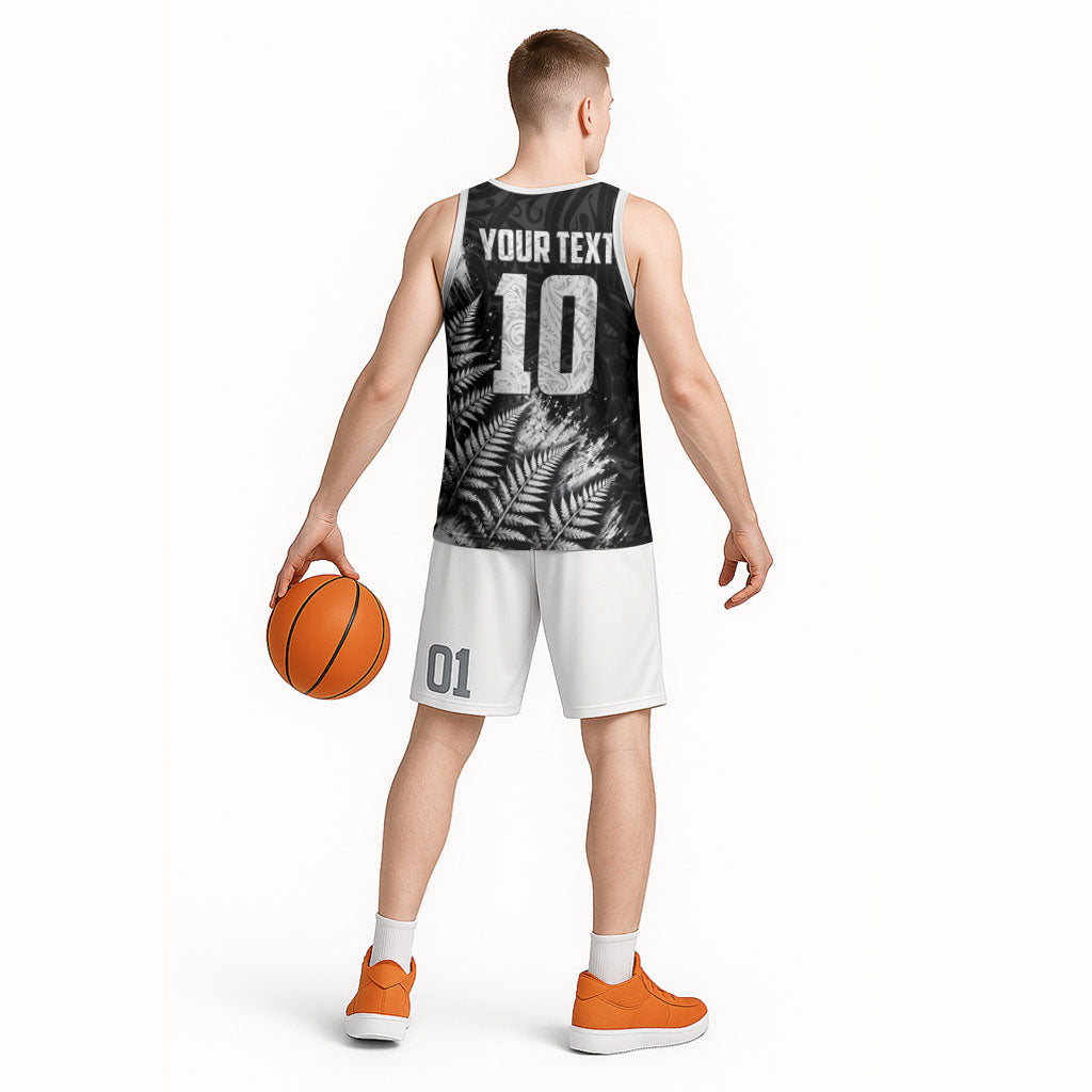Personalized New Zealand Kiwi Bird Basketball Jersey Grunge Maori Tribal Pattern Silver Fern