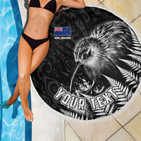 Personalized New Zealand Kiwi Bird Beach Blanket Grunge Maori Tribal Pattern Silver Fern