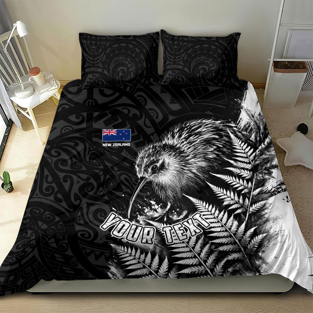 Personalized New Zealand Kiwi Bird Bedding Set Grunge Maori Tribal Pattern Silver Fern