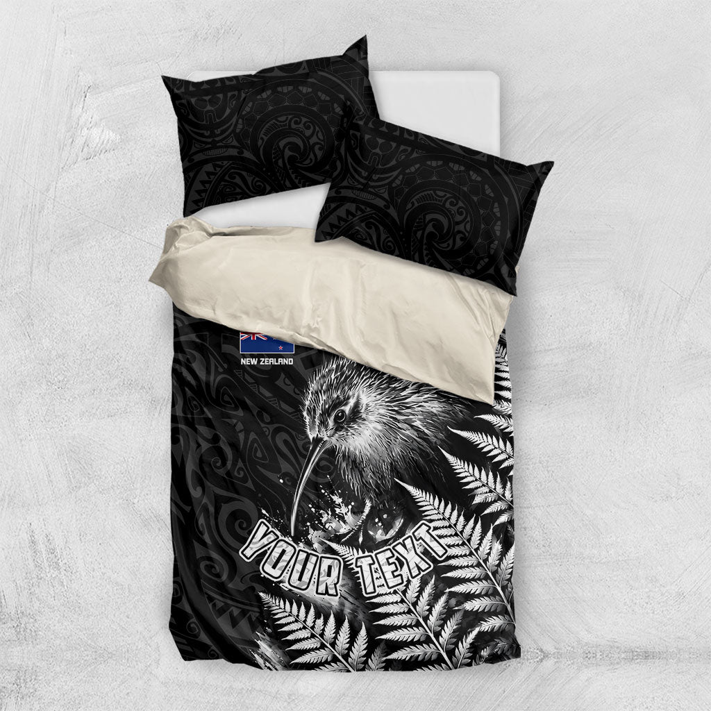 Personalized New Zealand Kiwi Bird Bedding Set Grunge Maori Tribal Pattern Silver Fern
