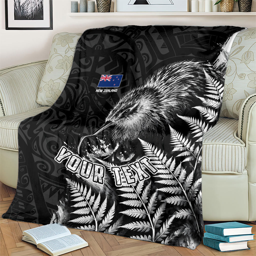 Personalized New Zealand Kiwi Bird Blanket Grunge Maori Tribal Pattern Silver Fern