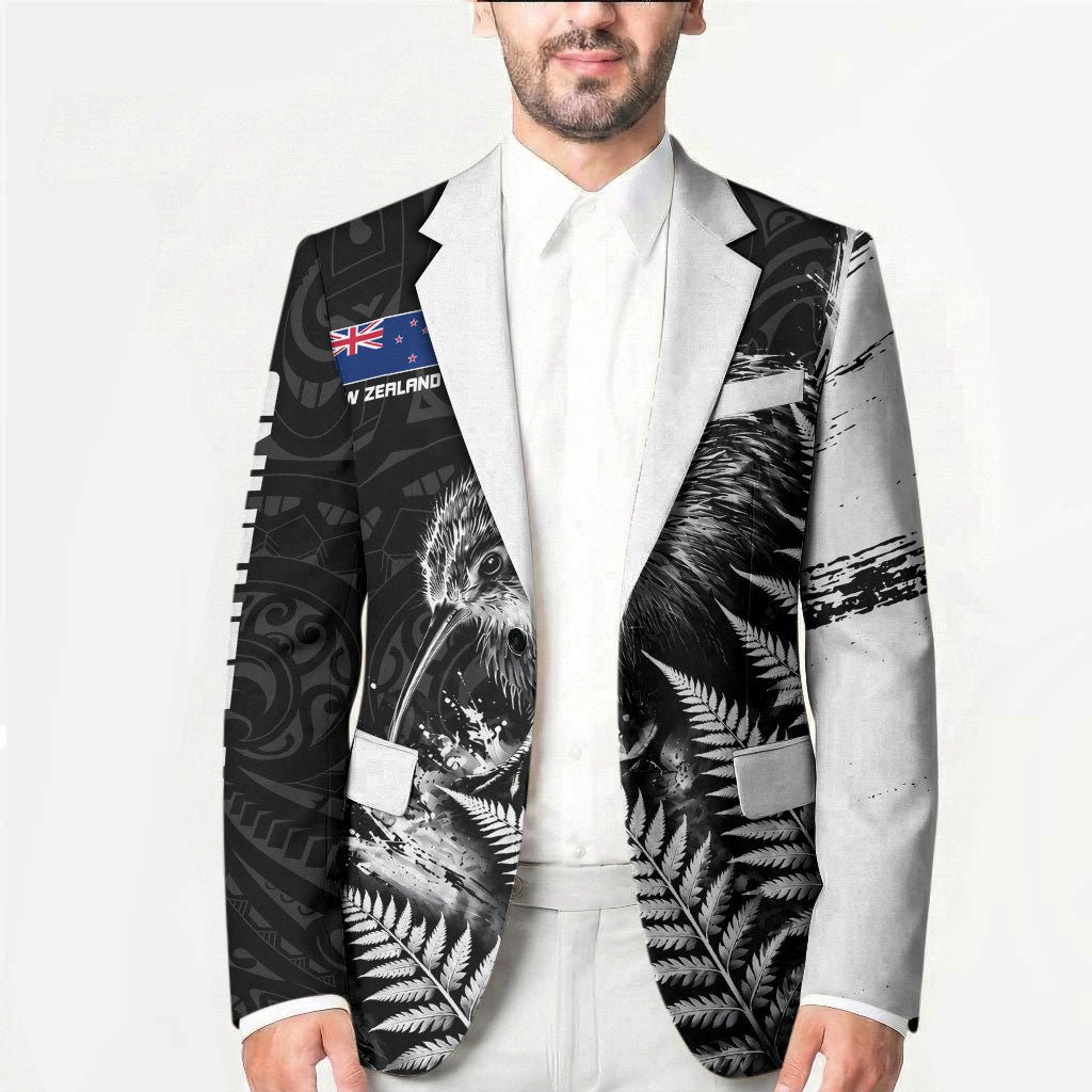 Personalized New Zealand Kiwi Bird Blazer Grunge Maori Tribal Pattern Silver Fern