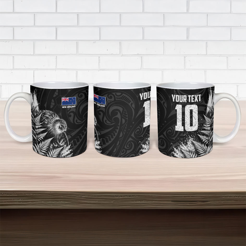 Personalized New Zealand Kiwi Bird Ceramic Mug Grunge Maori Tribal Pattern Silver Fern