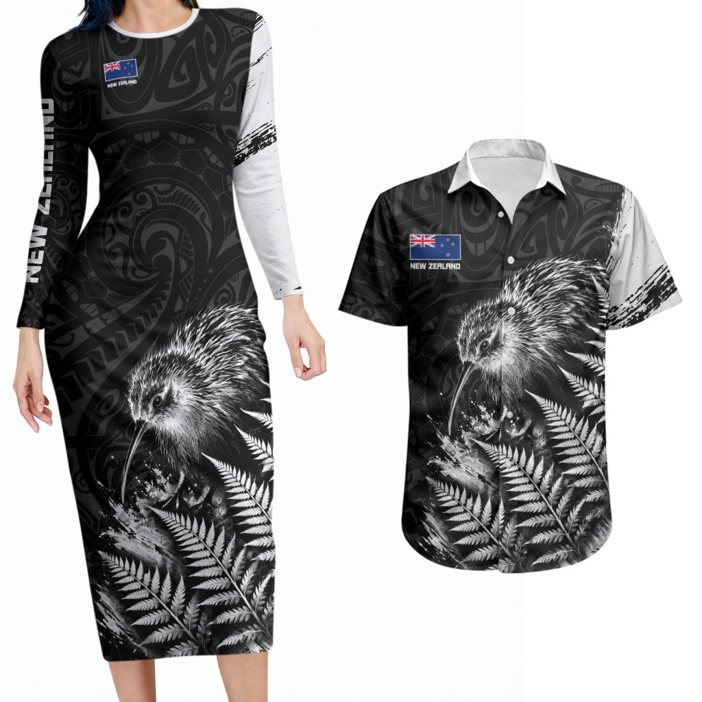 Personalized New Zealand Kiwi Bird Couples Matching Long Sleeve Bodycon Dress and Hawaiian Shirt Grunge Maori Tribal Pattern Silver Fern