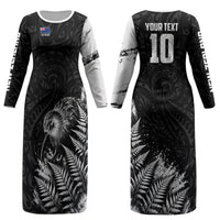 Personalized New Zealand Kiwi Bird Couples Matching Long Sleeve Bodycon Dress and Long Sleeve Button Shirt Grunge Maori Tribal Pattern Silver Fern